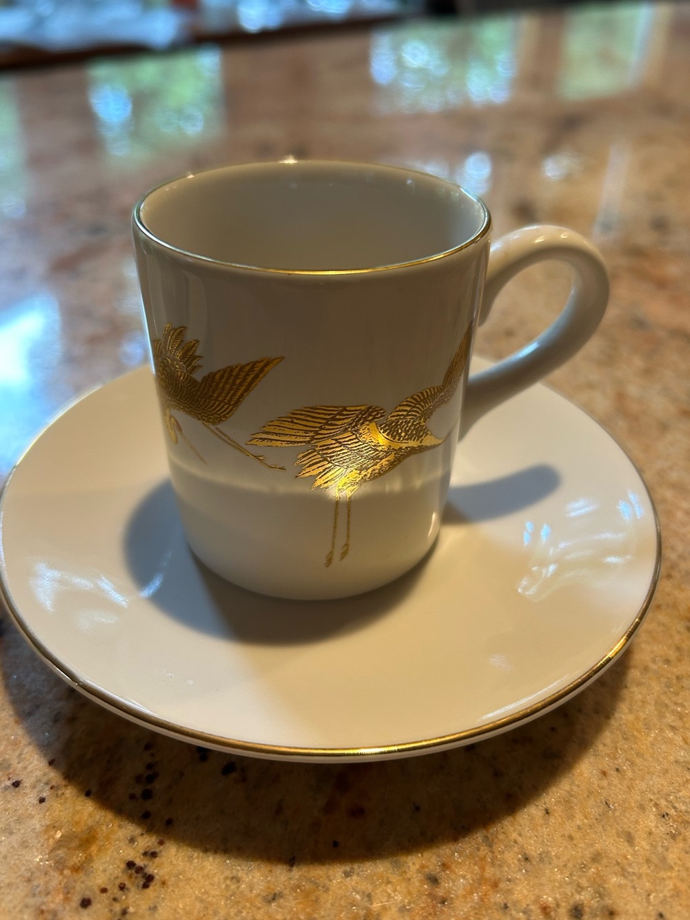 Porcelain Espresso Demitasse Cup Saucer Set 22K Gold Flying Cranes Otagiri Japan - Picture 6 of 16